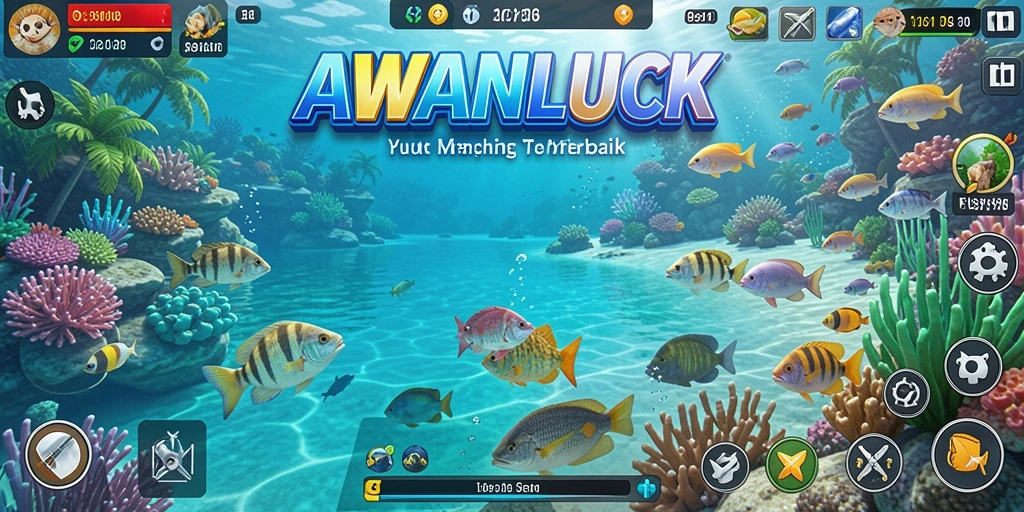 Screenshot permainan <strong>AWANLUCK</strong> menampilkan aksi seru memancing di tengah alam yang indah.