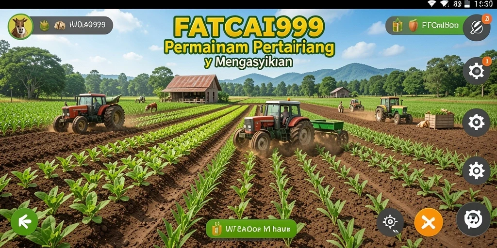 Screenshot gameplay dari FATCAI99 menunjukkan ladang hijau dan tanaman beragam.