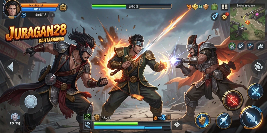 Tampilan seru dari gameplay pertarungan JURAGAN28 yang menegangkan.