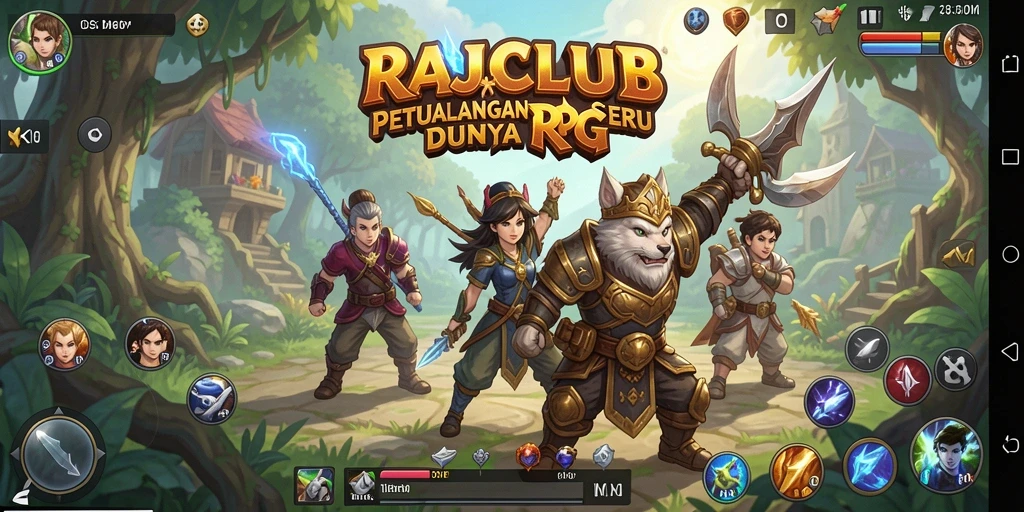 Screenshot utama menunjukkan aksi seru dalam permainan RPG RAJACLUB.